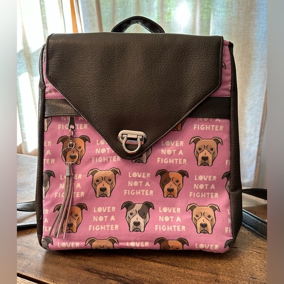 NWOT Backpack Purse w/ Matching Wristlet. Grey Leather/ Purple Printed Fabric. - Picture 2 of 10